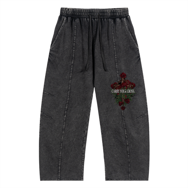 "CARRY YOUR CROSS" Snow Wash Drawstring Cotton Pants