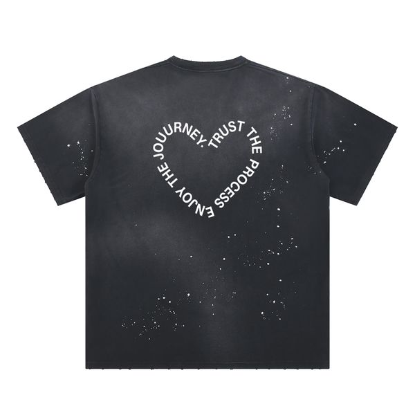 "TRUST THE PROCESS, ENJOY THE JOURNEY" Hand-Frayed Sunfade Paint Splatter T-Shirt