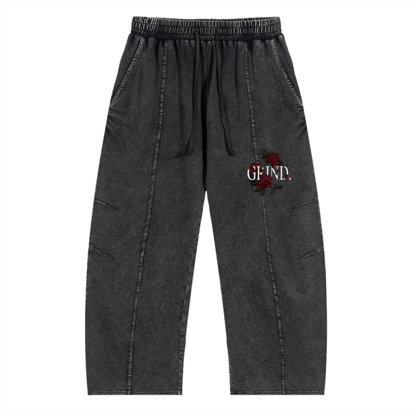 "Flower, GRIND" Snow Wash Drawstring Cotton Pants