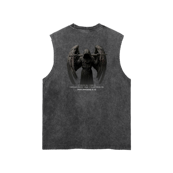 "Philippians 4:13, Angelic Sword" Snow Washed Frayed Hem Tank Top