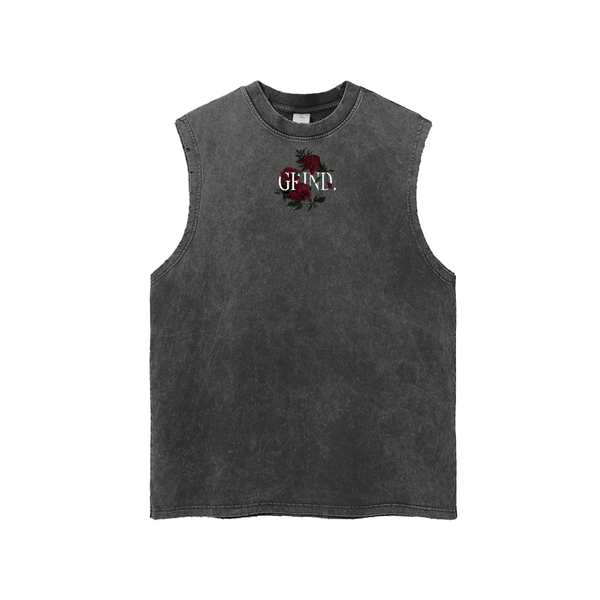 "FLOWER, GRIND" Snow Washed Frayed Hem Tank Top