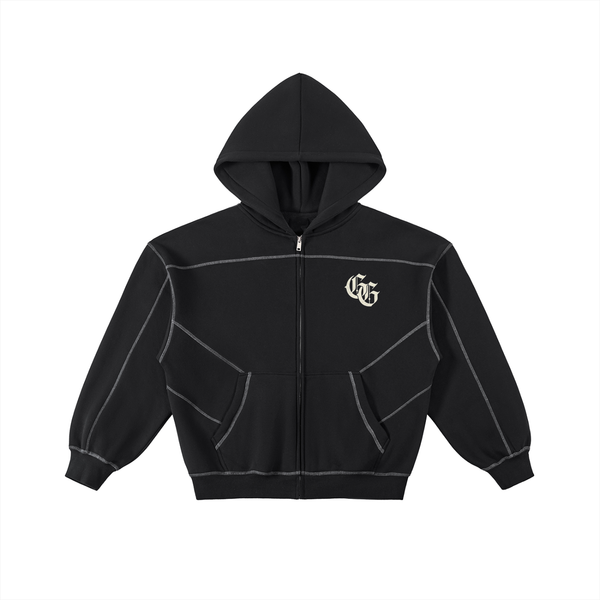 Contrast-Stitched Boxy Fleece Zip Hoodie